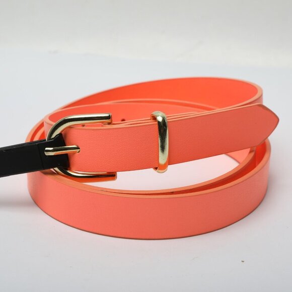 H&M Faux Leather Skinny Belt Bright Hot Coral Neon Orange Peach Gold Vegan - Picture 1 of 10